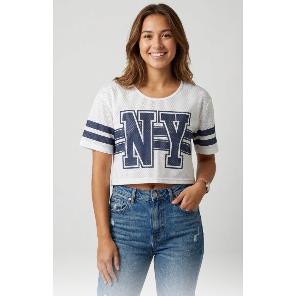 True Rock Women White Mesh NY Graphic Crop Top Navy Blue Varsity Stripe Large